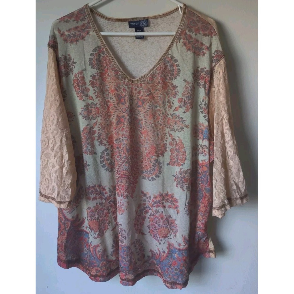 Venezia Jeans USA Women's Top Sz 26/28‎ Floral Art 3/4 Lace Sleeves Orange Beige